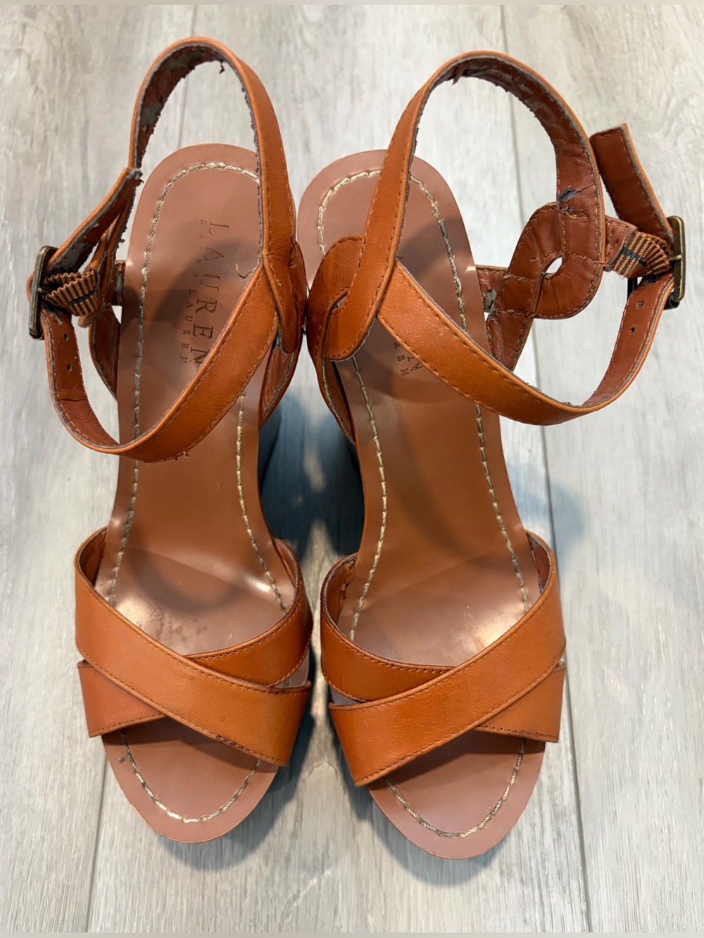 Ralph Lauren Cognac Leather Cross-Strap Slingback Heels
